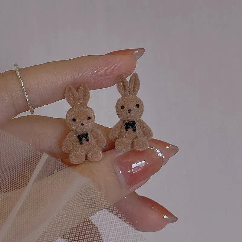 Коричневые флокированные серьги с изображением медведя и кролика, комплект забавных плюшевых маленьких сережек-гвоздиков, серьги с животными для женщин и девочек, ювелирные изделия, подарки