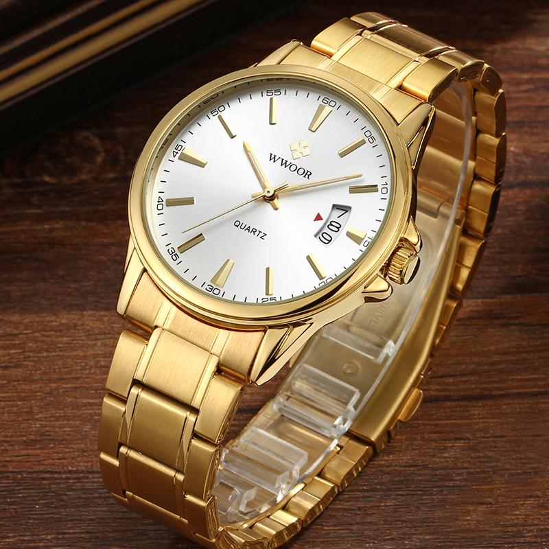 WWOOR Fashion Man's Watches Top Brand Luxury Gold Stainless Steel Quartz Watch Men Waterproof Wrist Watch Relogios Masculino