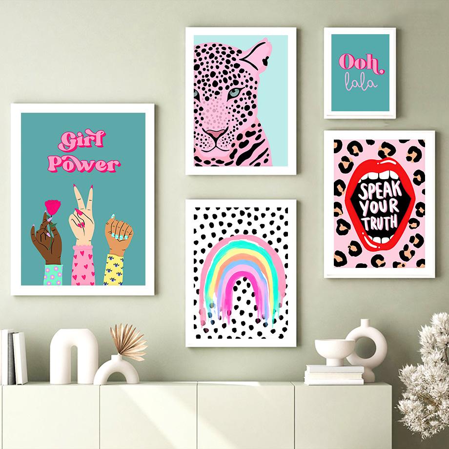 Wild Leopard Tiger Rainbow Girl Power Lips Vase Flower Wall Art Canvas Painting Nordic Poster Wall Picture For Living Room Decor No Frame
