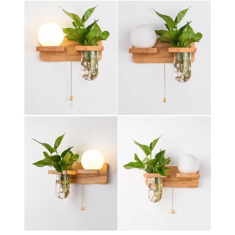 Log Plant Wall Lamp Nordic Pull Switch Indoor Living Room Hallway Decoration Modern Wooden Bedroom Bedside Light Night Sconce