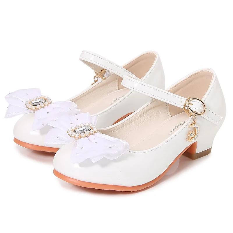 2024 Sweet Girls Party Shoes Elegant Bowknot Kids Princess Glossy PU Leather Shoes for Wedding Party Fashion Children High Heels
