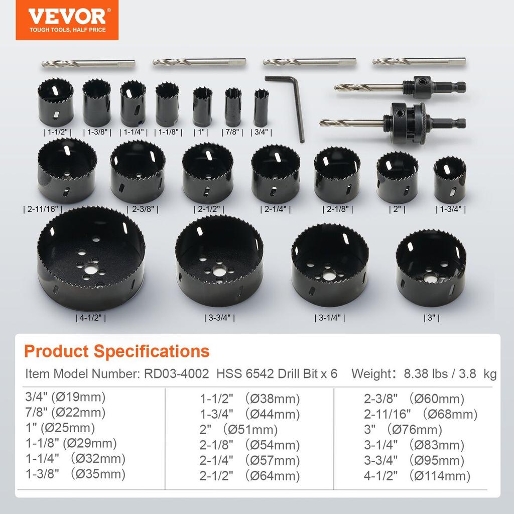 Hole Saw Kit, 18 PCS Saw Blades, 6 Drill Bits, 1 Hex Wrench, Bi Metal M42 Hole Saw Set with Carrying Case, General Purpose Size from 3/4" to 4-1/2",