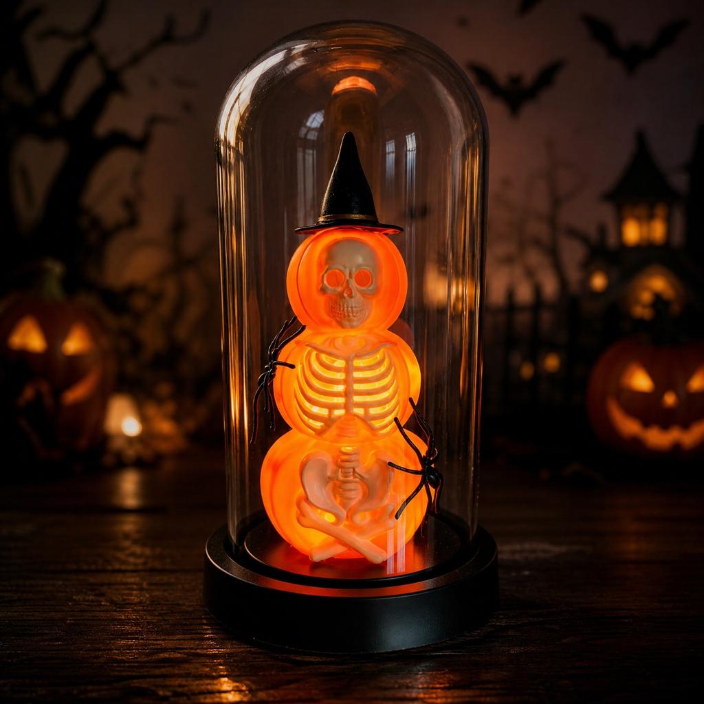 Halloween Skeleton Night Light Glass Pumpkin Lamp with Wooden Base for Bedroom Home Decor Gift