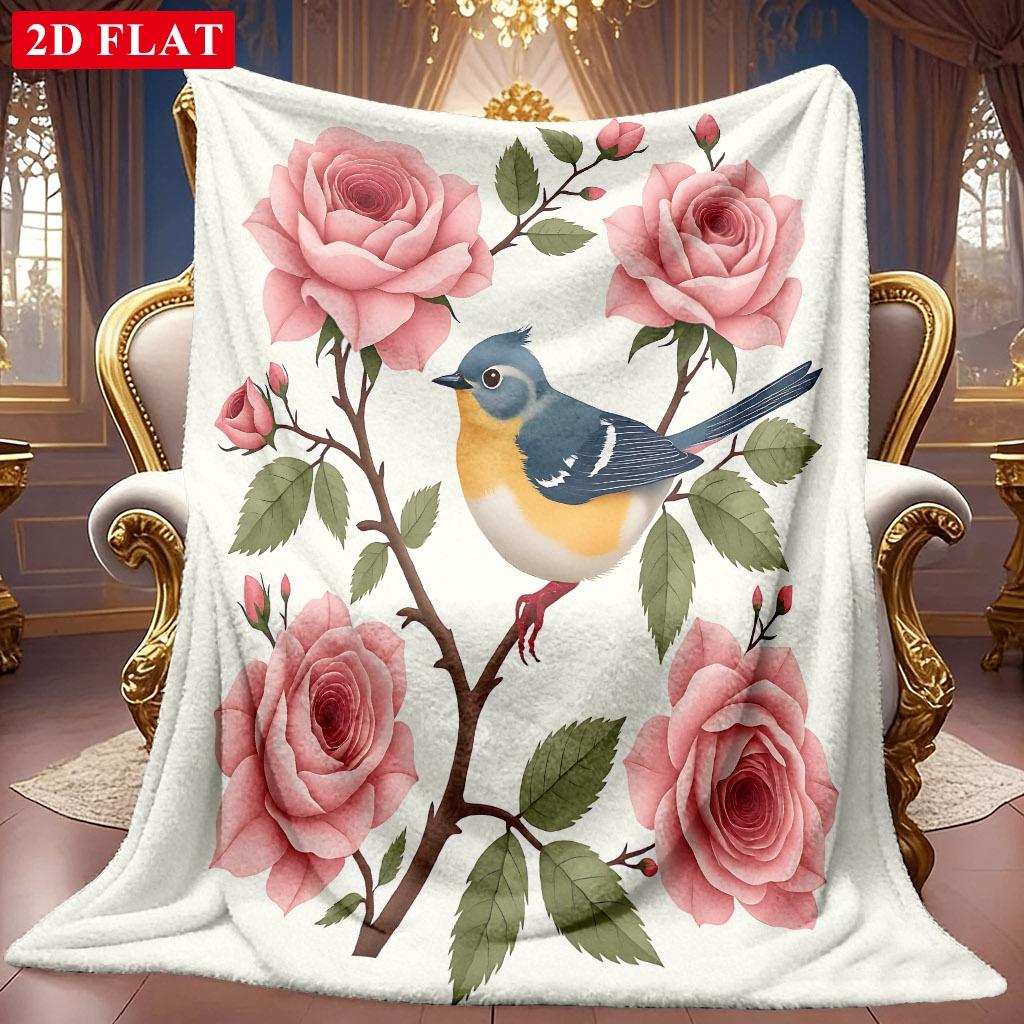 1pc 2D Blue And Yellow Little Bird And Pink Rose Theme Pattern Flannel Blanket, Soft HD Digital Print, Cooling Blanket All-Season Use! Soft And Breath