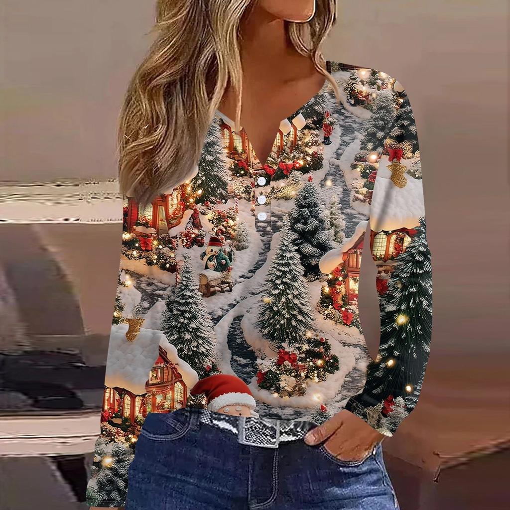 Women's T Shirt Tee Christmas Print Button Long Sleeve Daily Weekend Fashion Basic V- Neck Regular Top