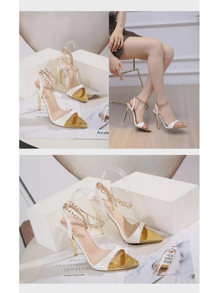 2022 Women's Candy Color Pointed Toe High Heel Sandals with Metal Chain In Large Sizes