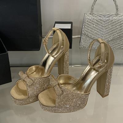 Модная обувь Liyke Подиумная мода 12 см Квадратные высокие каблуки для женщин Банкетные туфли Модные босоножки на платформе с открытым носком и кристаллами