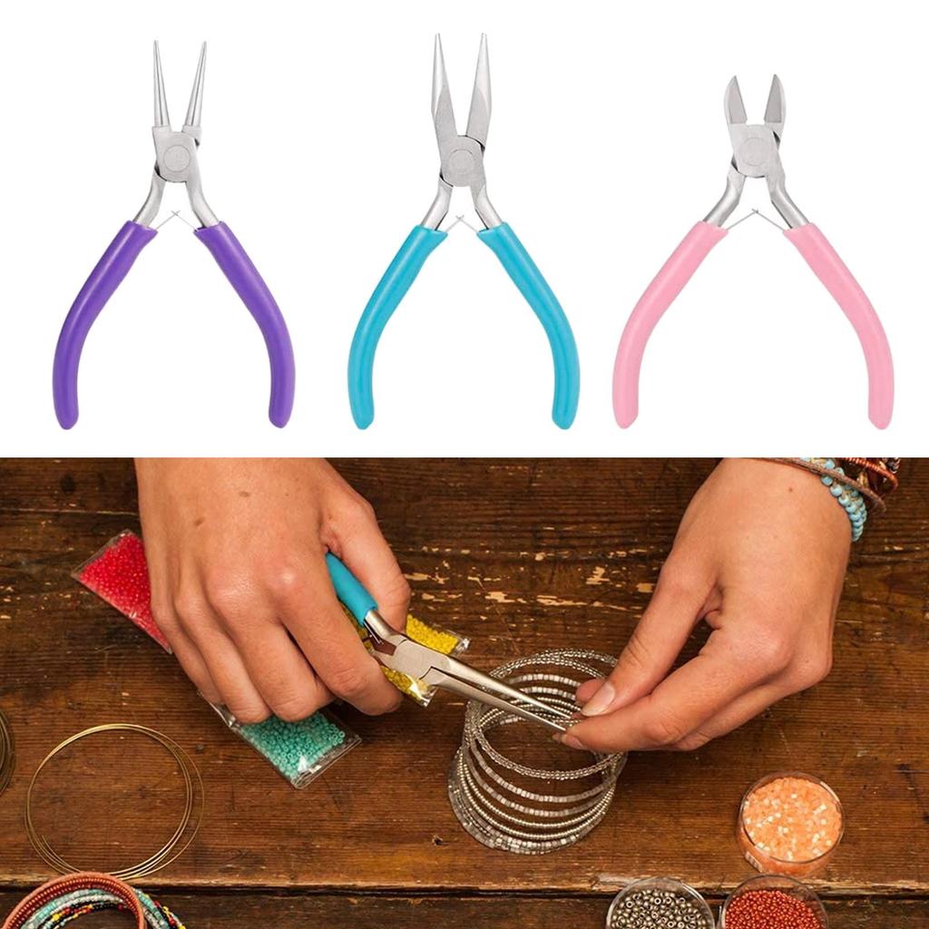 3-Piece Jewelry Pliers Set: Round Nose, Wire, Chain Nose Stainless Steel Tools for Beading, DIY Crafting, Bracelet, Necklace Making with Non