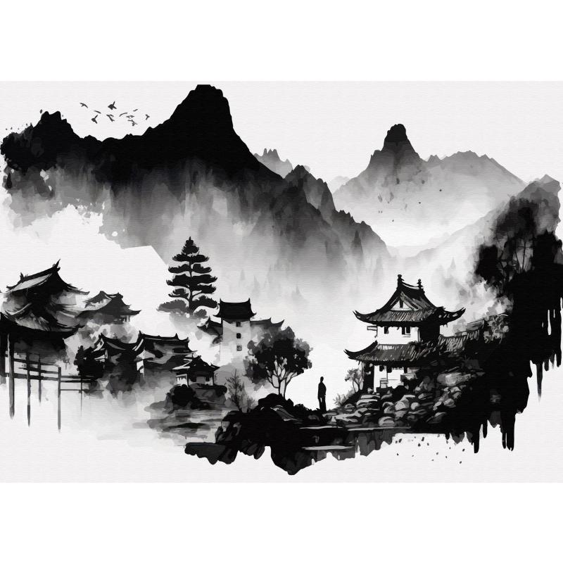 Китайский пейзаж Пара Птицы Лес Гора Река Кои Карп Рыба Искусство Плакат Печать Картина на холсте Настенная картина Декор для дома