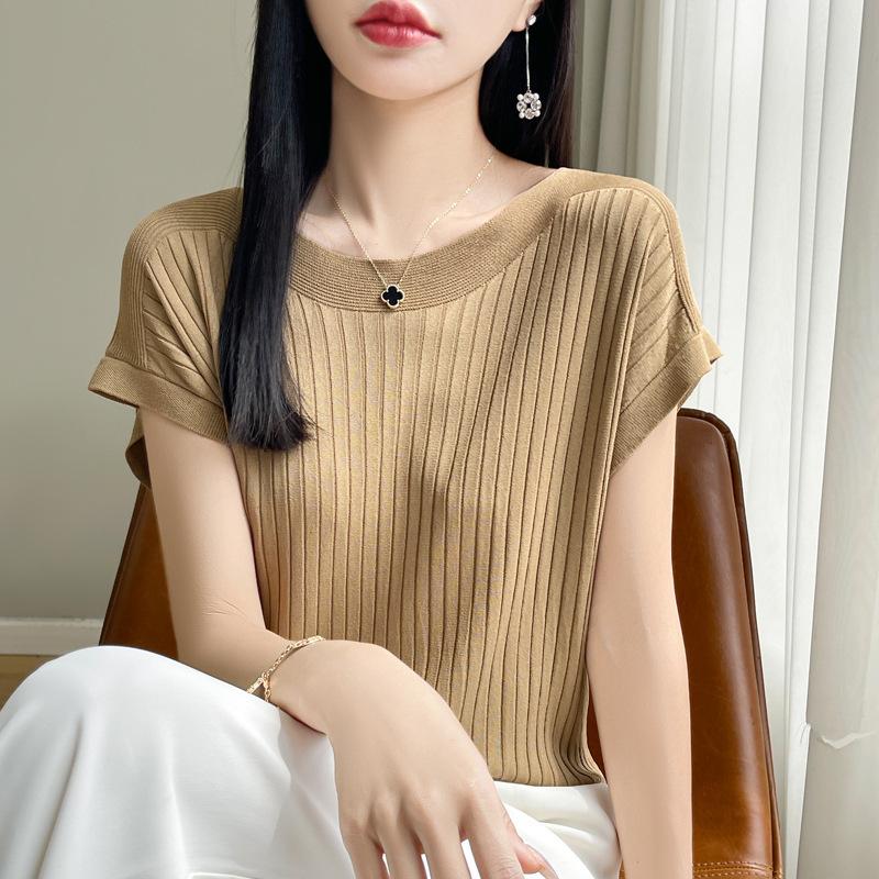 Модный женский свитер с вырезом-лодочкой из ледяного шелка, весна-лето, вязаный свитер, свободные повседневные рубашки, трикотажные изделия с коротким рукавом