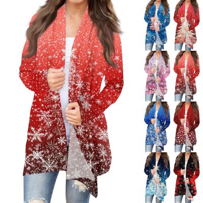 Женская мода повседневная рождественская печать средней длины кардиган куртка пальто