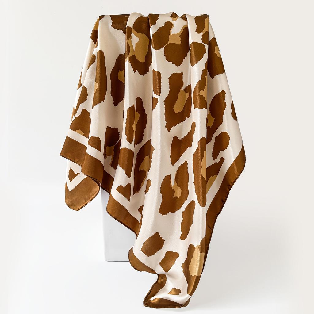 Women’s Scarf: Leopard-print, faux silk, European-style, high-end print, head-wrapping satin, large scarf