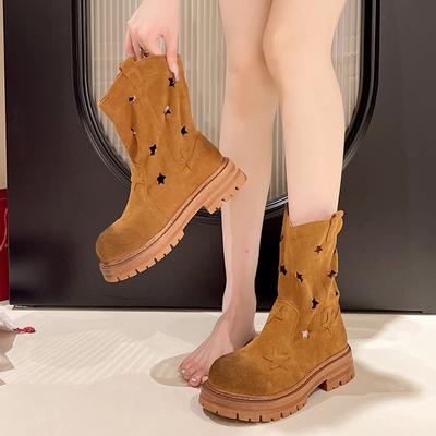 Модные женские сапоги лето/осень 2024 года, короткие сапоги на толстом каблуке, французские винтажные сапоги с круглым носком и полыми звездами, ковбойские сапоги в ковбойском стиле для женщин в готическом стиле