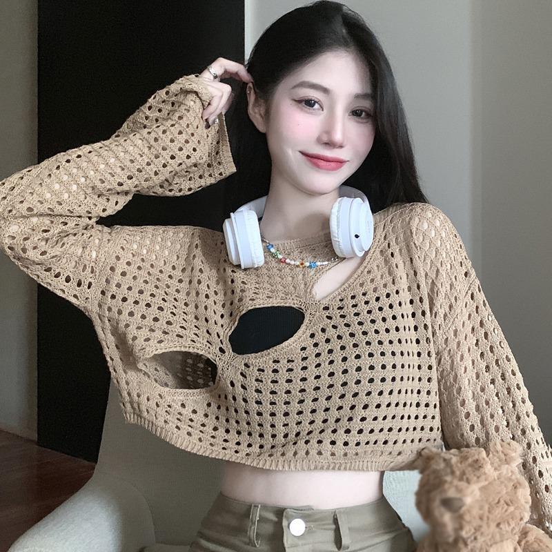 Women's Blouses Loose Round Neck See-through Mesh Knitted Tops