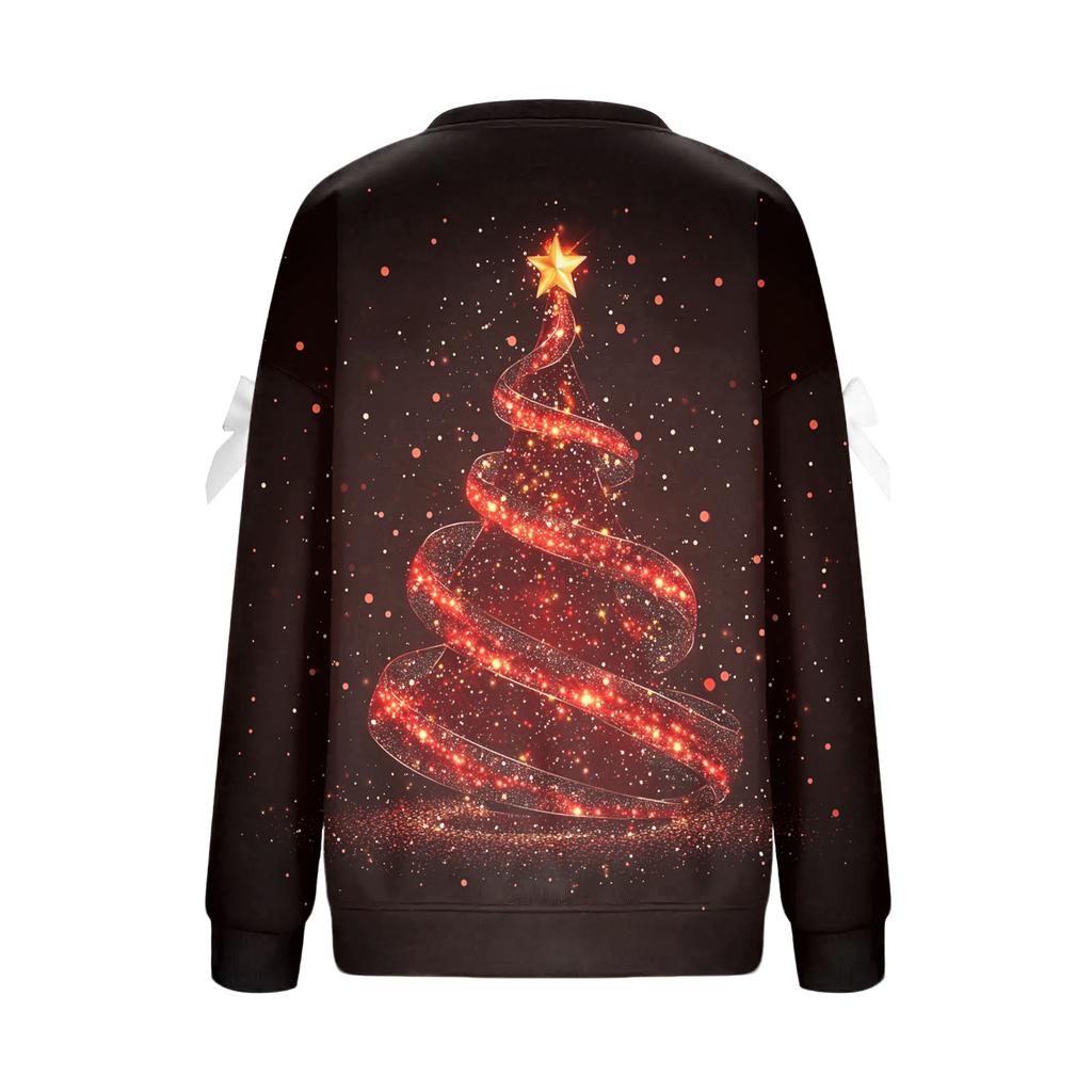 Женский рождественский пуловер с принтом и бантом, с круглым вырезом, длинными рукавами, свободного кроя