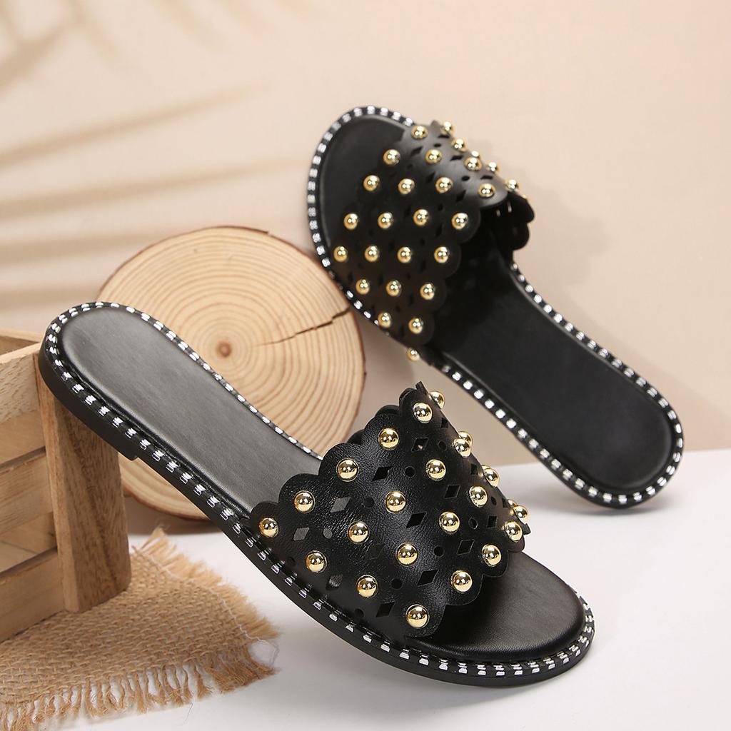Women's Fashion Slide Sandals - Summer Beach Casual Flats With Faux Pearl & Stud Accents