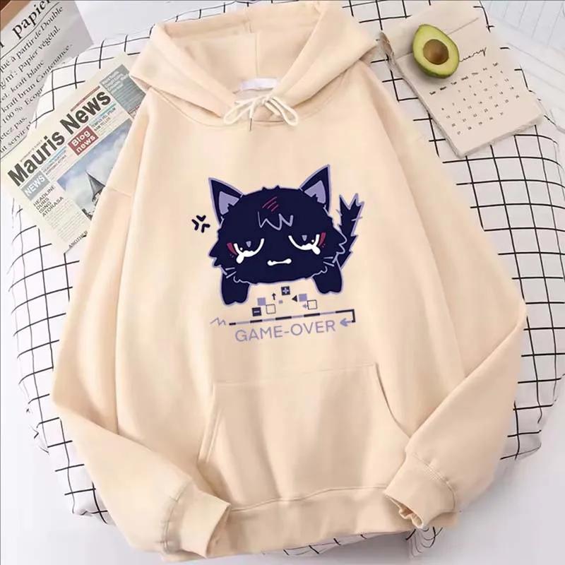 Худи с принтом мультяшного кота Genshin Impact, женские повседневные осенне-зимние каваий харадзюку флисовые толстовки с длинным рукавом