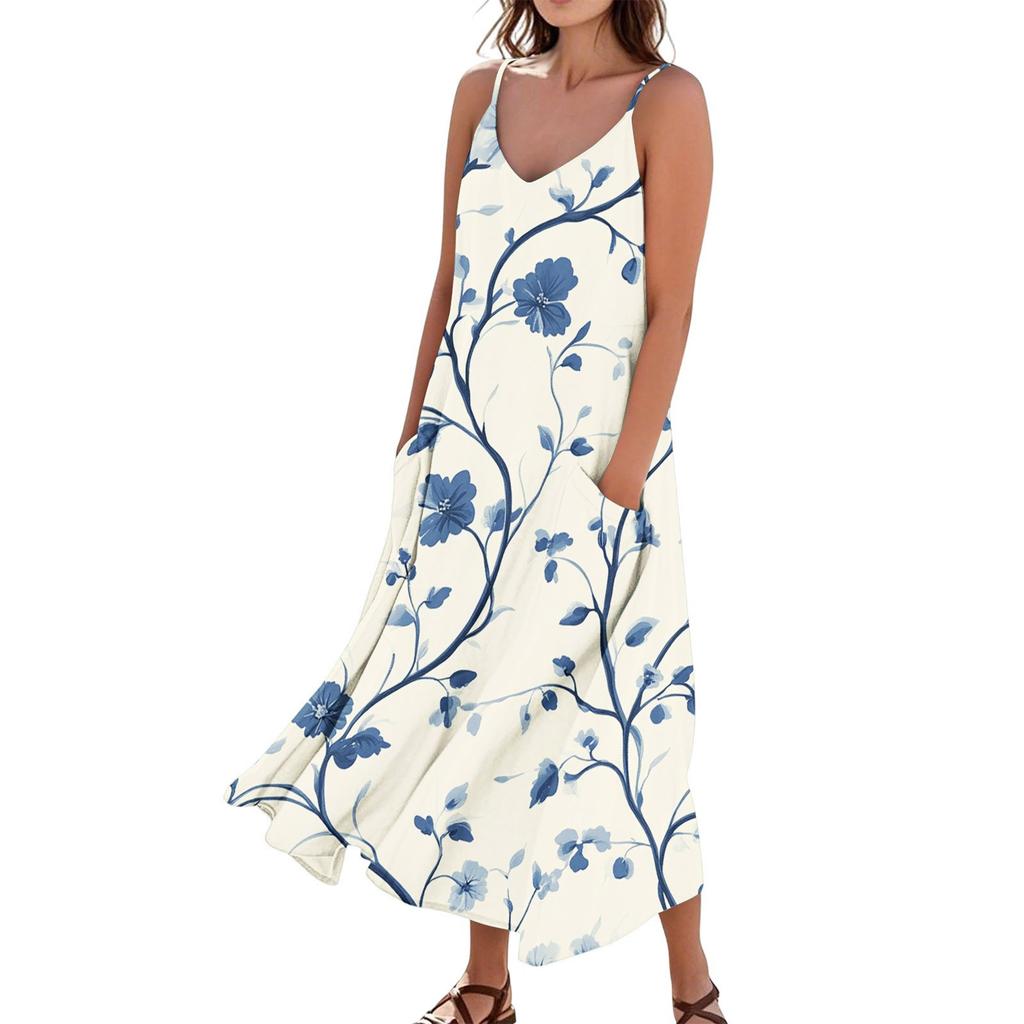 Women's Casual Tie-Dye Floral Print Sleeveless Pocket Dress