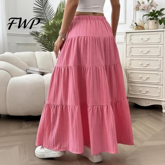Elegant Casual Skirt Women Long Spring Summer Middle Waist A Line Flowy Swing Breathable Solid Color Elastic Drawstring Pleated
