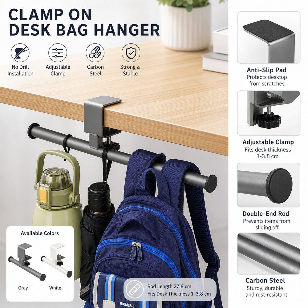 Clamp on Desk Side Hook Carbon Steel Desk Side Handbag Rack Desk Edge Hook Home Office