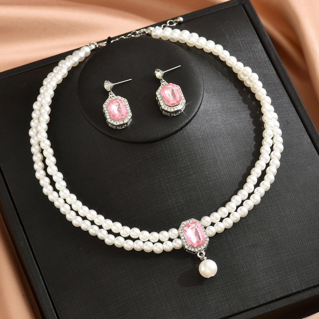Ladies Two Layer Pearl Shines Oblong Crystal Necklace & Ear Drop Jewelry Set