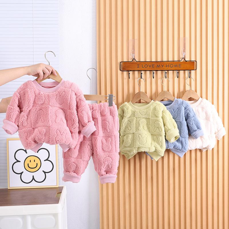 2 dona Bolalar Pijama To'plami Kuz Qish Qalin Issiq O-bo'yin Bir xil Rangli O'g'il Qizlar Termal Ichki Kiyim Uzun Yengli
