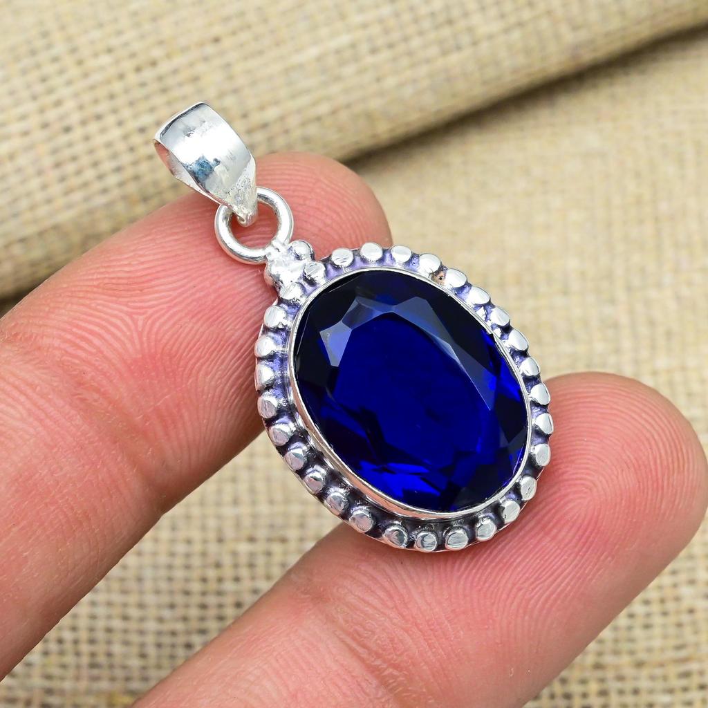 Синий сапфир, выращенный в лаборатории драгоценный камень, 925 пробы стерлингового серебра, кулон ручной работы на День благодарения