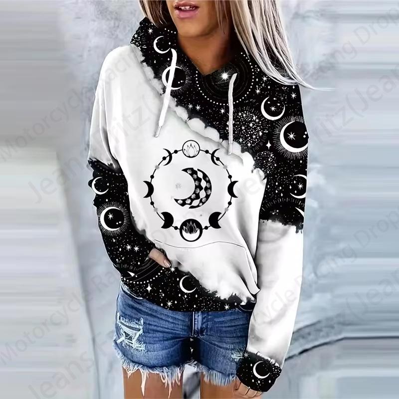 Moon Sun 3D Print Drawstring Hoodie Women Fashion Oversize Hoodies Women Sweats Long Sleeve Hooded Sweatshirt Women's Clothing