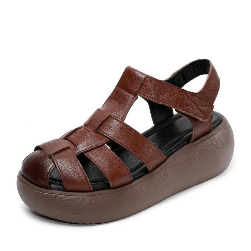 Fashion High Quality 6CM Cow Weave Genuine Leather Hollow Booties Sandals Boots Flats Women Mary Jane Pumps Platform Wedge SummerShoes