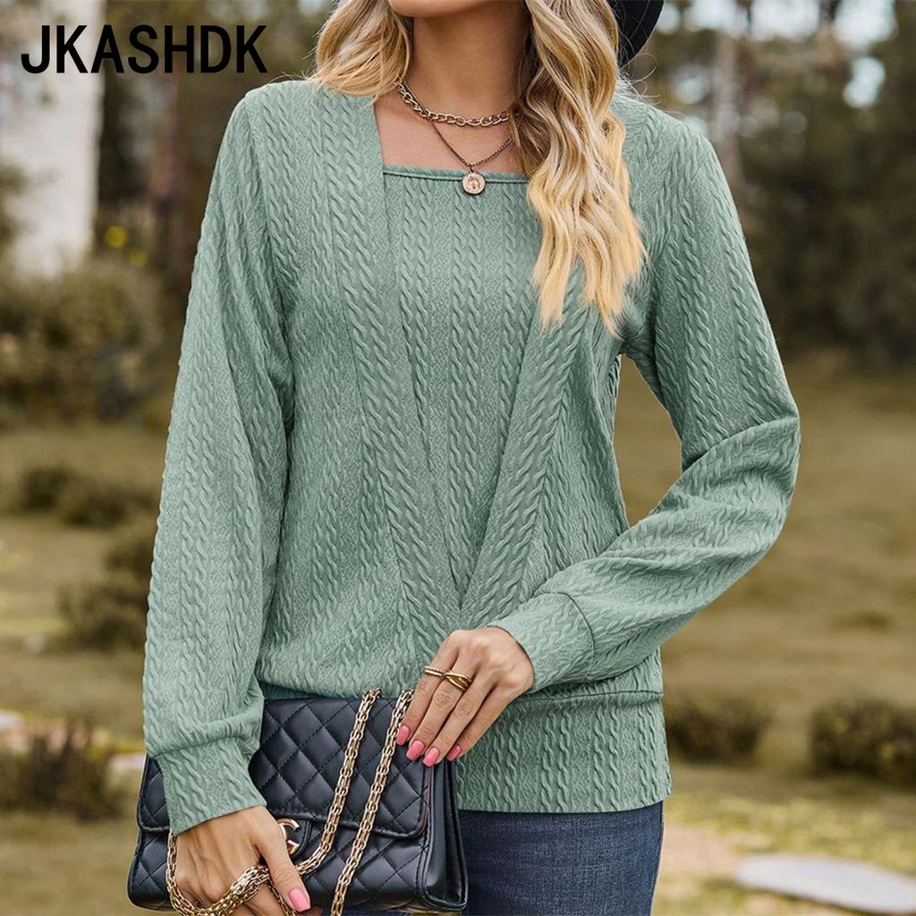 JKASHDK Женские модные повседневные весенне-осенние однотонные блузки и рубашки с квадратным воротником и длинными рукавами с принтом