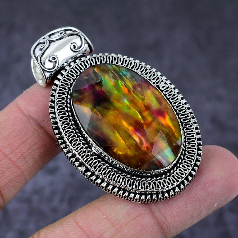 Ammolite Gemstone Handmade 925 Sterling Silver Jewelry Pendant 2.29" b0W10