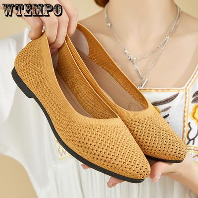 Мягкая подошва, одинарные туфли на лето и осень, однотонные, с острым носком, на плоском каблуке, повседневные и дышащие, женские, с полым трикотажем