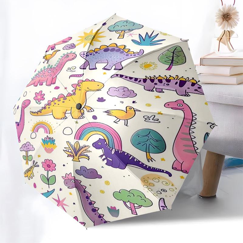 Dinosaur, Rainbow Themed Automatic Opening and Closing Umbrella, Compact Travel Umbrella, Lightweight and Portable, Suitable for Beach Commu