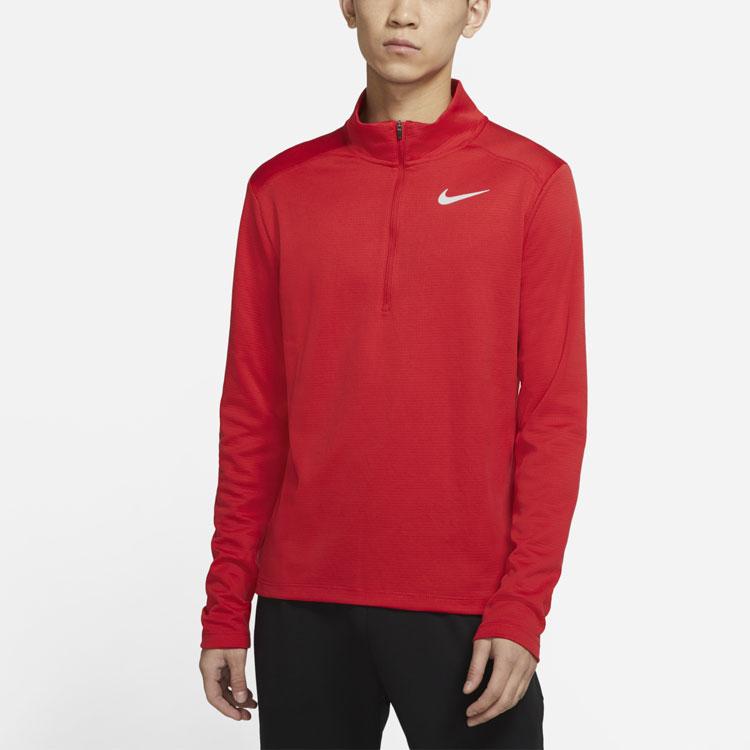 Nike Беговая тренировка, пуловер с воротником-стойкой и половиной молнии, футболка с длинными рукавами, мужские топы, красный BV4756-657