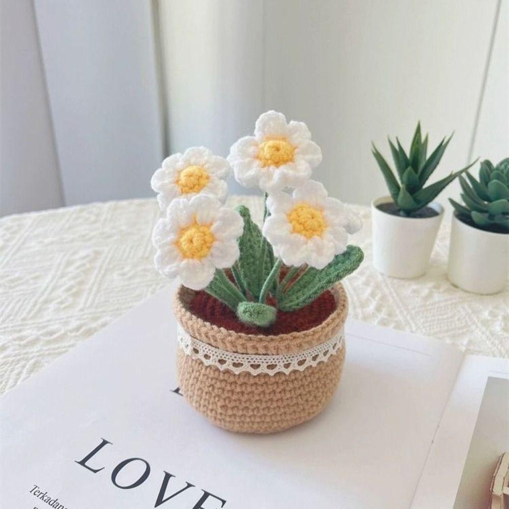 Handmade Woolen Yarn Flowers Crochet Knitting Kit No Finish Tulip Potted Flower Desktop Ornament