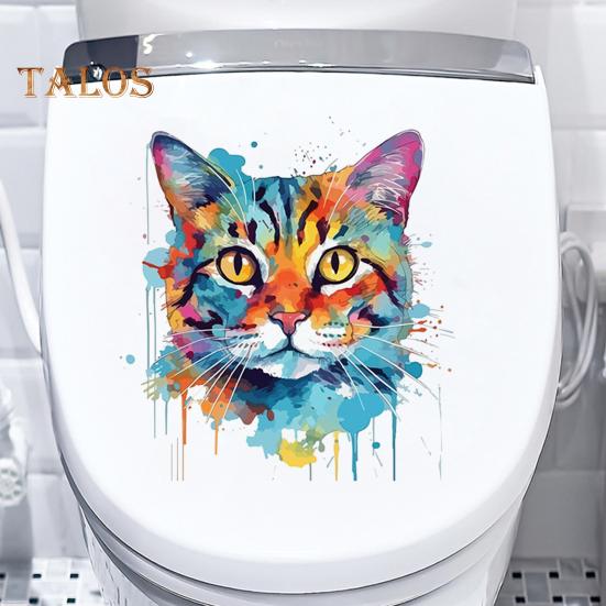 Цветной рисунок наклейка на унитаз с котом, водонепроницаемая, съемная, самоклеящаяся, ПВХ, настенное искусство для гостиной, ванной комнаты, акварель, котенок, декоративная наклейка на крышку унитаза
