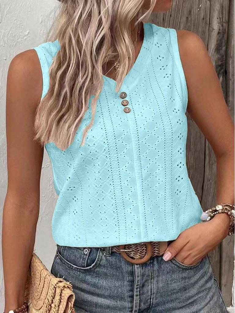 New European and American 2023 Summer Women's Solid Color Casual Round Neck Buttoned Vest T-shirt.