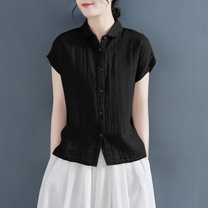 Женская хлопково-льняная рубашка большого размера в художественном стиле - Универсальный модный летний топ с коротким рукавом или без рукавов для мужчин