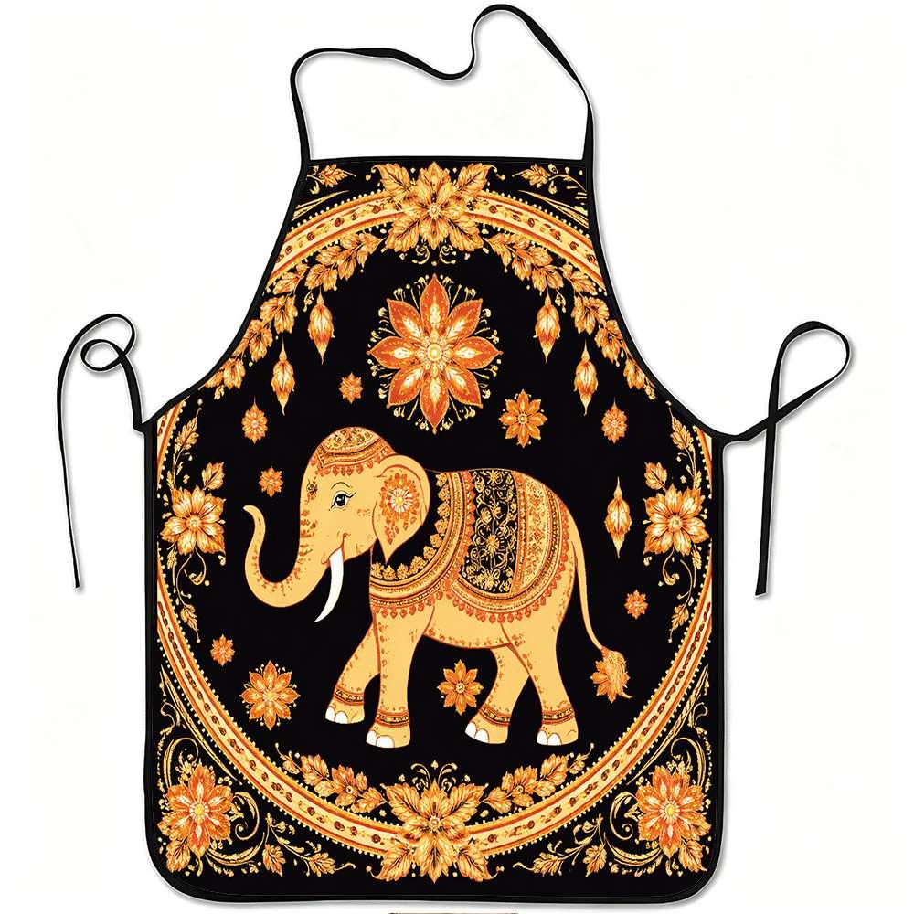 Exotic Elephant Printed Apron, Black Gold Base with Golden Floral Pattern, Retro Indian Style