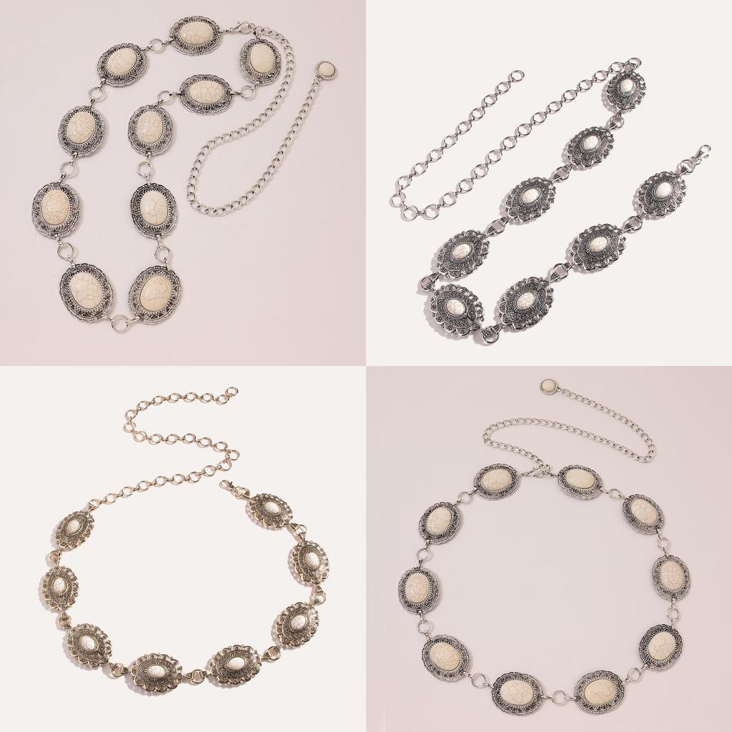 Имитация бирюзы Белый Полый Эллипс Дизайн Цветка Женский Металлическая Цепочка на Талию