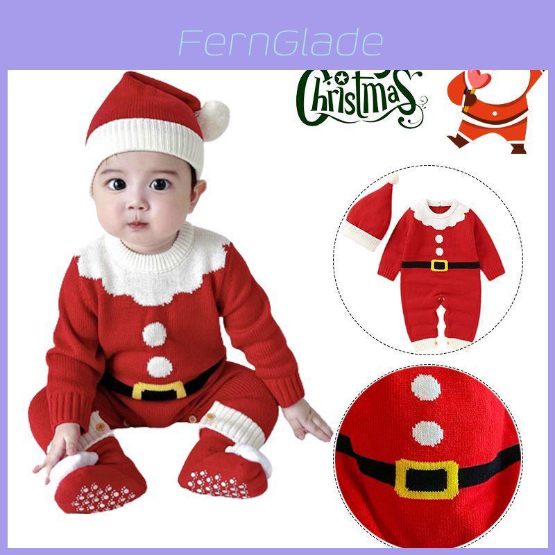 Adorable Christmas Baby Knitted Romper Jumpsuit Outfit W/ Santa Claus Sweater Hat