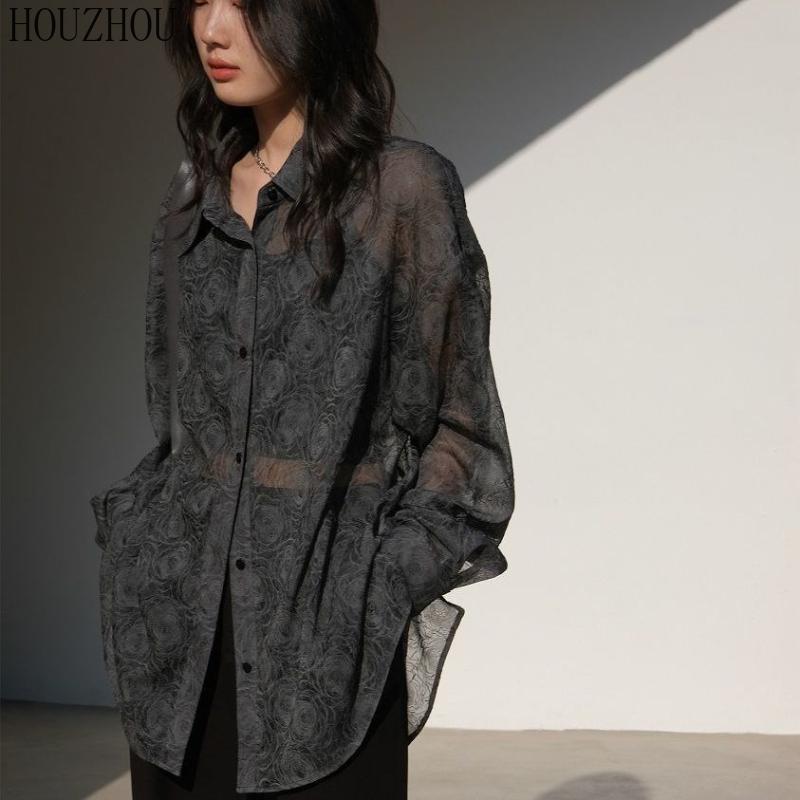 HOUZHOU Рубашка с принтом, женская цветочная весна, черные элегантные и шикарные винтажные свободные топы большого размера с длинными рукавами