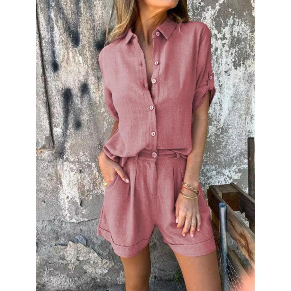 Льняной костюм-двойка, Свободная рубашка, Шорты с высокой посадкой, Хлопково-льняные шорты с коротким рукавом, Повседневный, Женский, Костюм