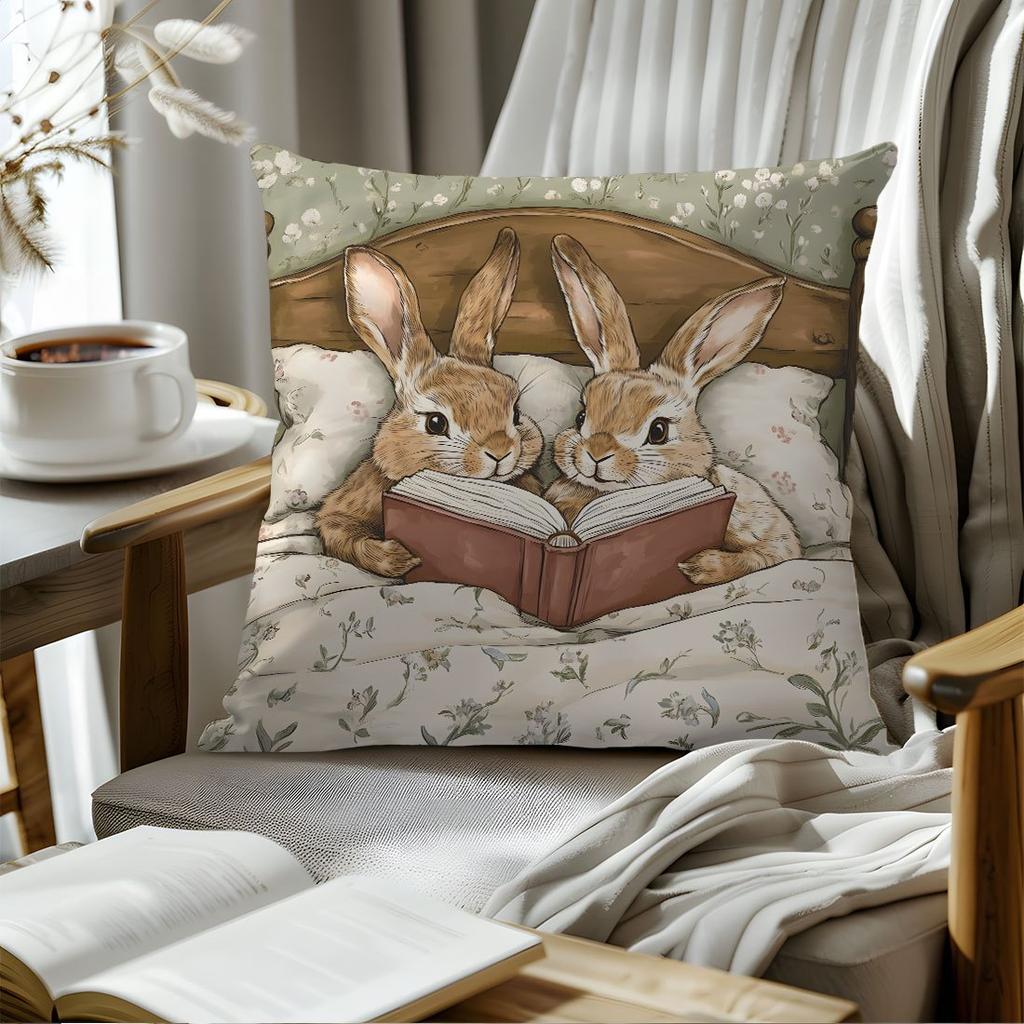 1Pc Vintage Rabbit Reading Together Themed Printed Throw Pillow Cover, Suitable For Sofa, Bedroom, Living Room, Study Room