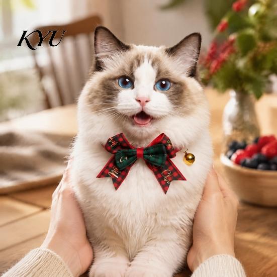 Holiday Gift for Pets Christmas Bow Pet Collar, Adjustable Cat Collar with And Bell, Festive Costume Plaid Print Cats, Small Dogs, Wear Dog Neck Strap