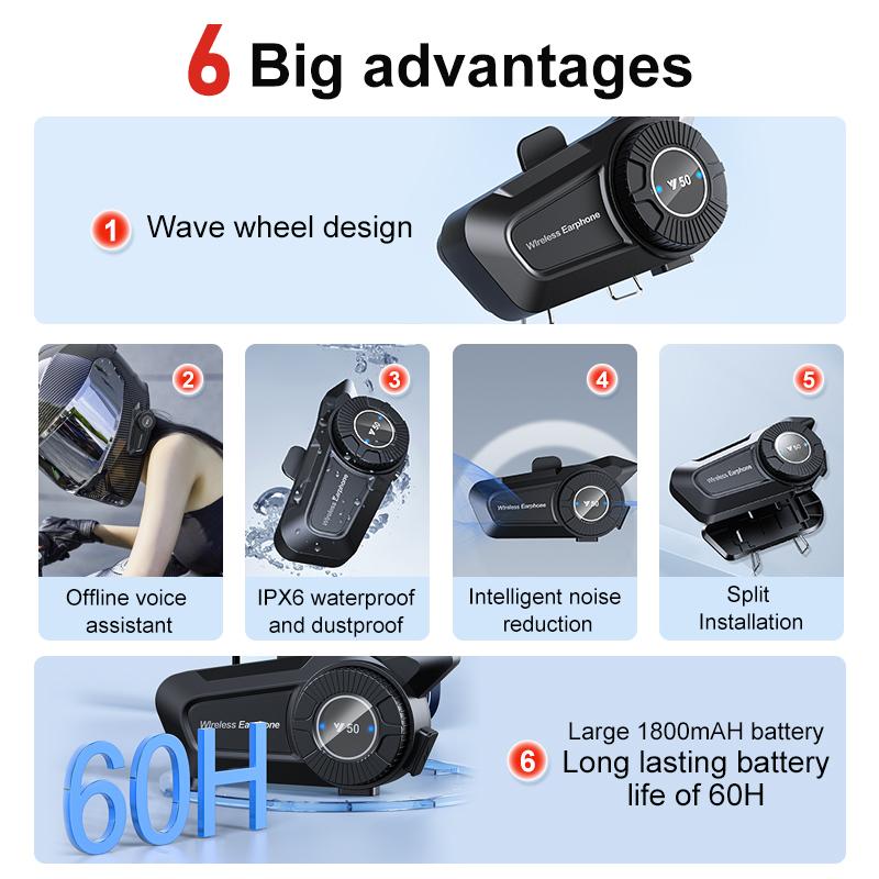 Мотоциклетный шлем гарнитура Bluetooth 5.3 голосовое управление беспроводной Hands Free вызов 1800mAh водонепроницаемый коммуникатор динамики наушники