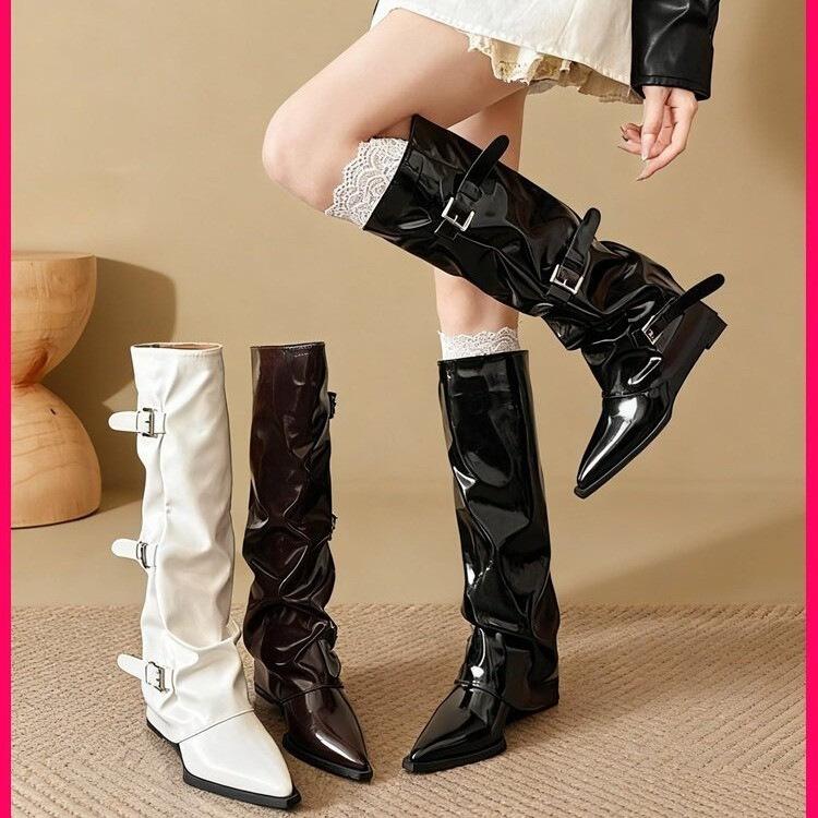 Large size fashion explosion Spice girl fried street slim knight boots autumn and winter big tube circumference locomotive boots pleated pile boots