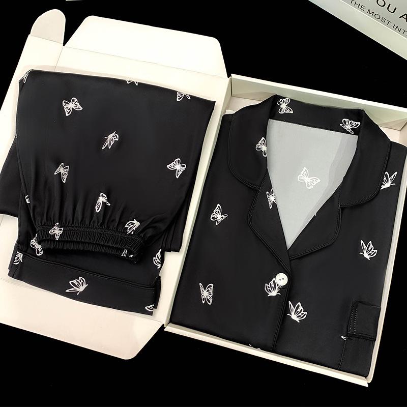 Silver Butterfly Print Pajamas Summer Cool Ice Silk Short Sleeves Trousers Student Dormitory Set
