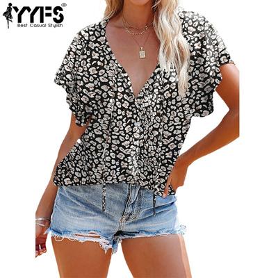 Женские модные повседневные летние весенние блузки и рубашки с цветочным узором и коротким рукавом с v-образным вырезом