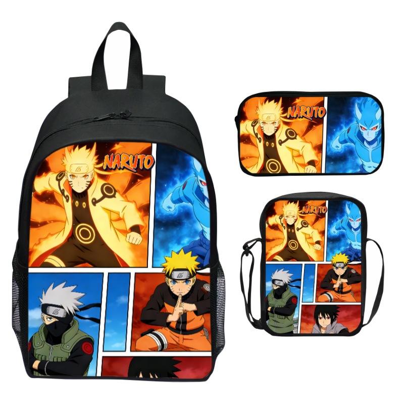 Naruto Anime 3-Piece Backpack Set Printed Cartoon Elementary School Bag Lightweight Multi-Pocket